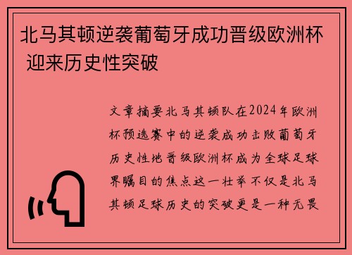 北马其顿逆袭葡萄牙成功晋级欧洲杯 迎来历史性突破